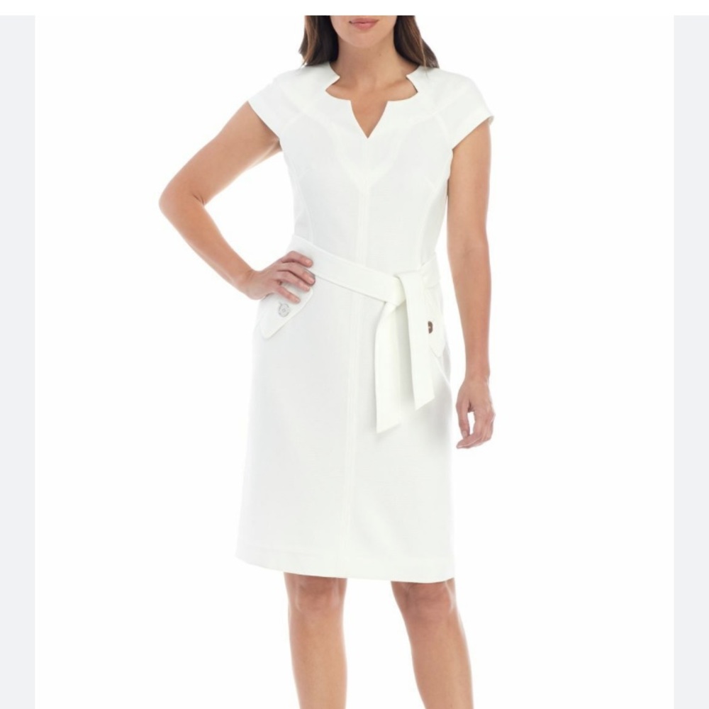 Kasper 1012 Vanilla Ice Textured Tie Waist Stretch Crepe Knit Dress size 8